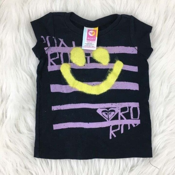 Roxy 6-9 months black cotton shirt short sleeve t-shirt graphic smiley face - Picture 1 of 5